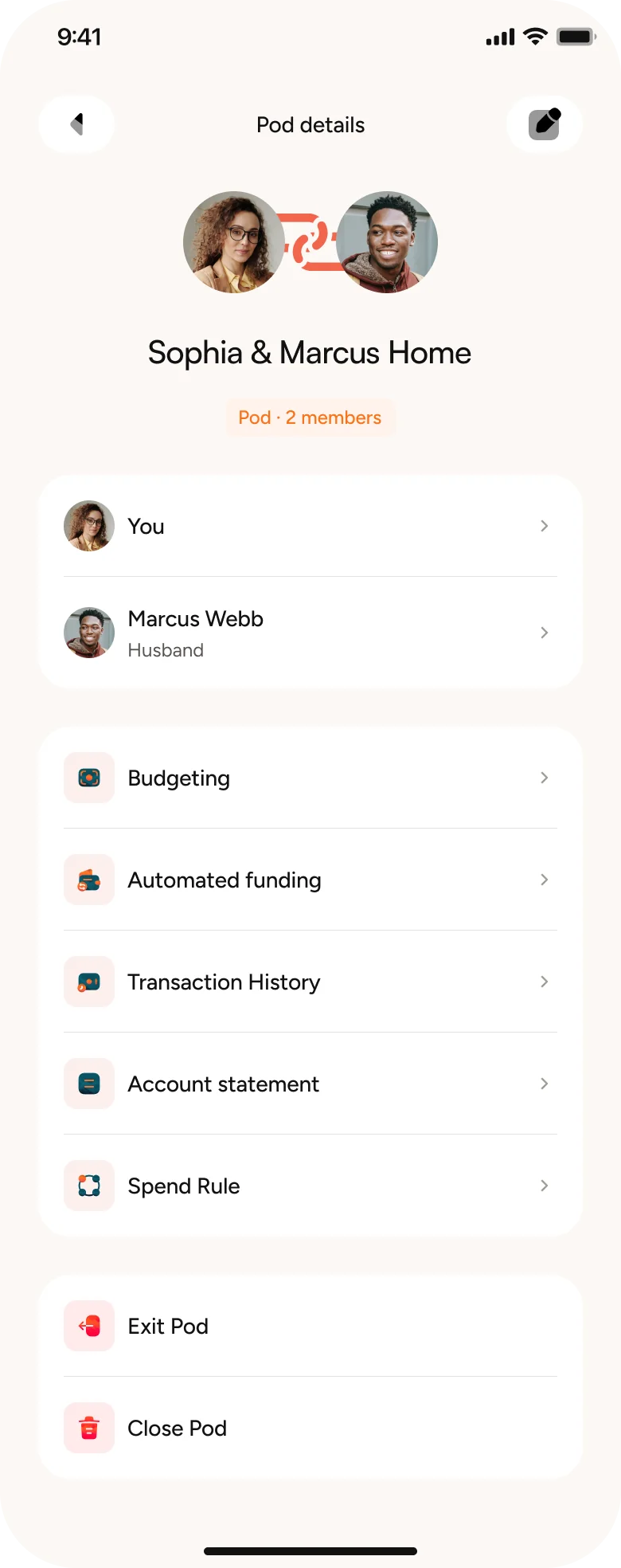 A OneWeave pod shared by two partners, with budgeting and automated funding