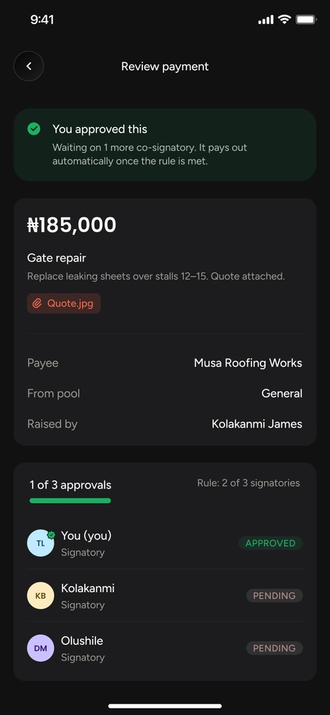 Approving a payment in the OneWeave app