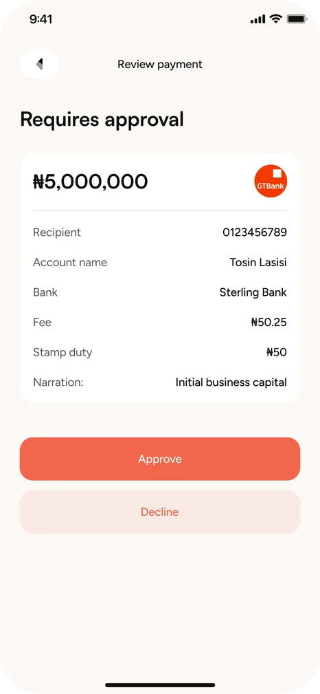 A payment waiting for approval in the OneWeave app